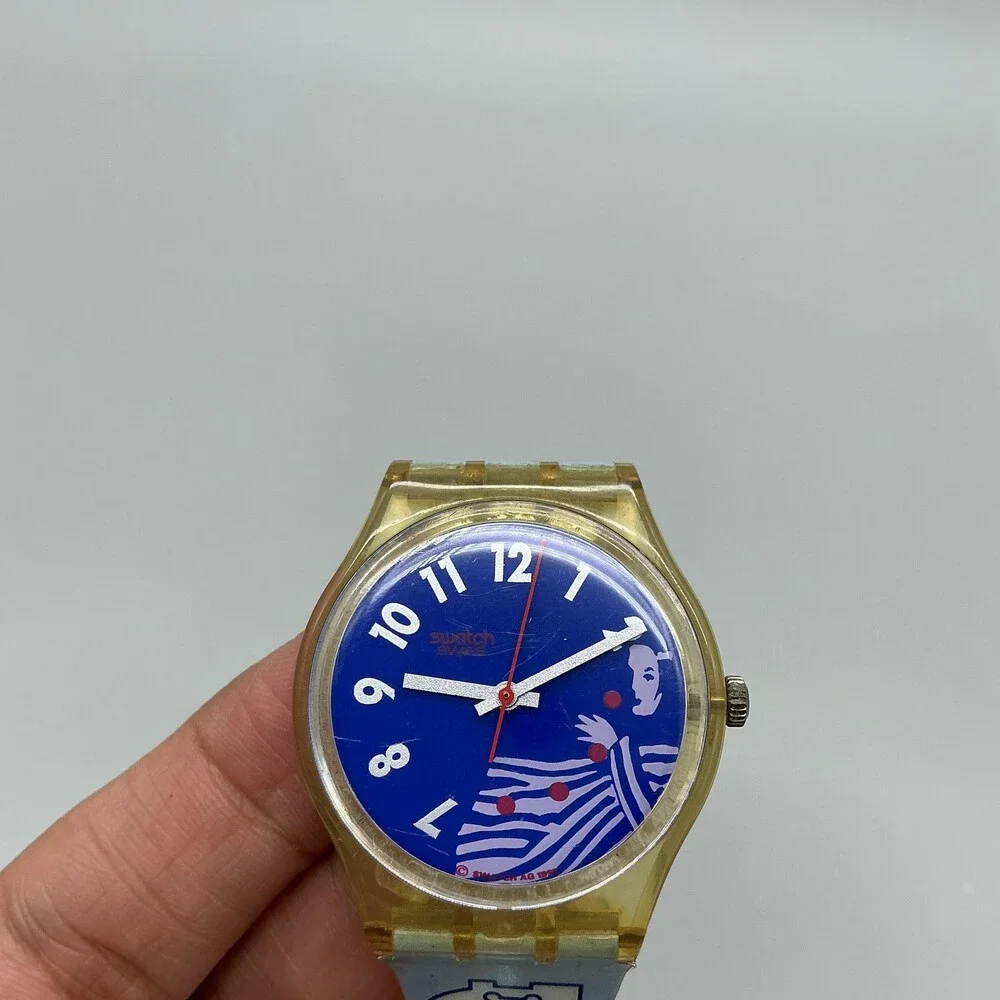 Swatch Gruau GK147 Men Watch 34mm Blue Dial Yellow Case Dog Print New Battery